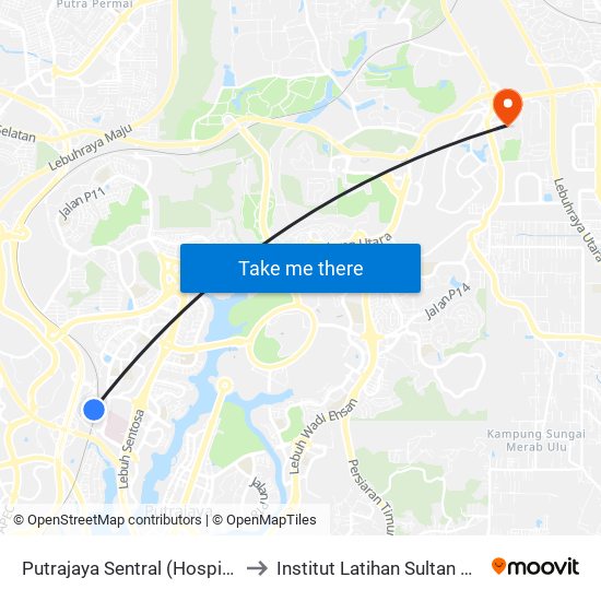 Putrajaya Sentral (Hospital Putrajaya Shuttle) to Institut Latihan Sultan Ahmad Shah (ILSAS) map