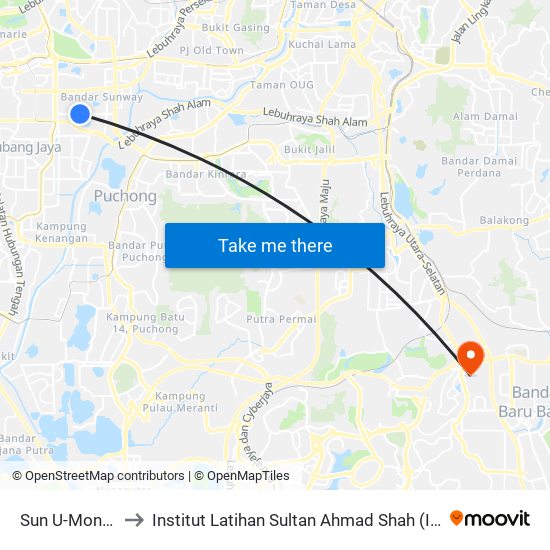 Sun U-Monash to Institut Latihan Sultan Ahmad Shah (ILSAS) map