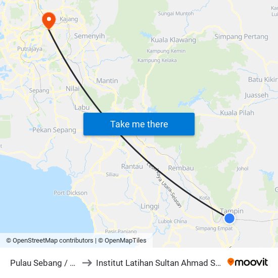 Pulau Sebang / Tampin to Institut Latihan Sultan Ahmad Shah (ILSAS) map