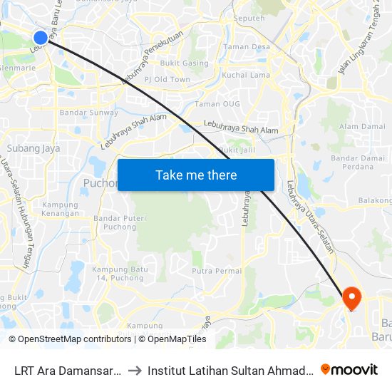 LRT Ara Damansara (Pj609) to Institut Latihan Sultan Ahmad Shah (ILSAS) map