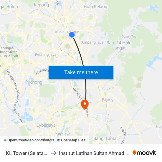 KL Tower (Selatan) (Kl12) to Institut Latihan Sultan Ahmad Shah (ILSAS) map