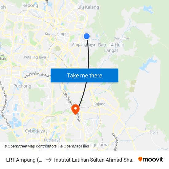 LRT Ampang (Aj31) to Institut Latihan Sultan Ahmad Shah (ILSAS) map