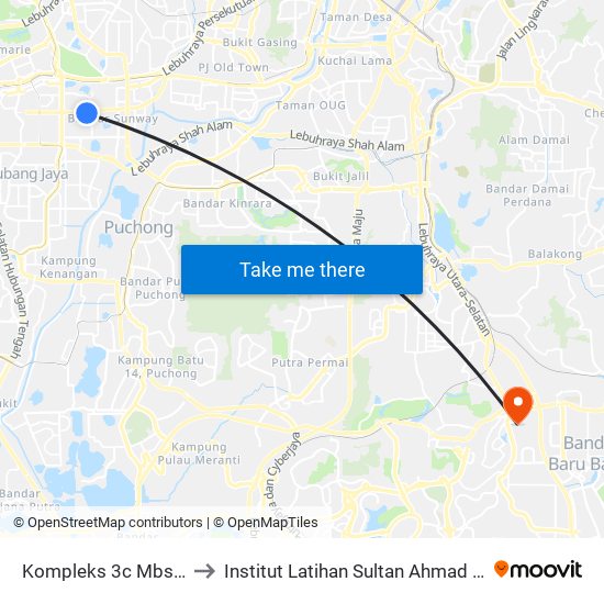 Kompleks 3c Mbsj (Pj617) to Institut Latihan Sultan Ahmad Shah (ILSAS) map