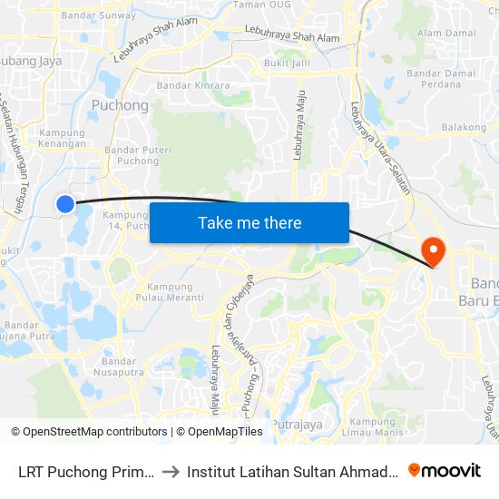 LRT Puchong Prima (Sj282) to Institut Latihan Sultan Ahmad Shah (ILSAS) map