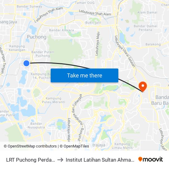 LRT Puchong Perdana (Sj267) to Institut Latihan Sultan Ahmad Shah (ILSAS) map