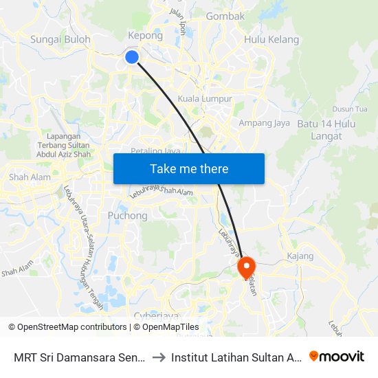 MRT Sri Damansara Sentral, Pintu A (Pj866) to Institut Latihan Sultan Ahmad Shah (ILSAS) map
