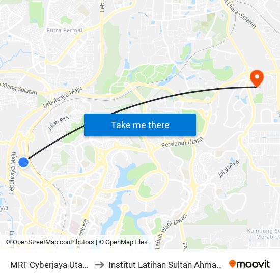 MRT Cyberjaya Utara (Sp398) to Institut Latihan Sultan Ahmad Shah (ILSAS) map