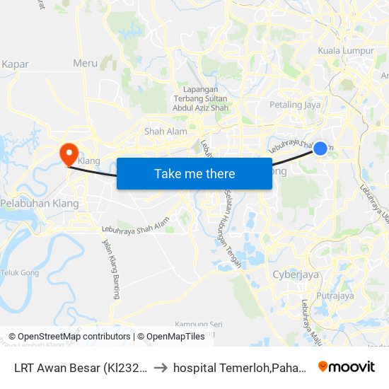 LRT Awan Besar (Kl2324) to hospital Temerloh,Pahang. map