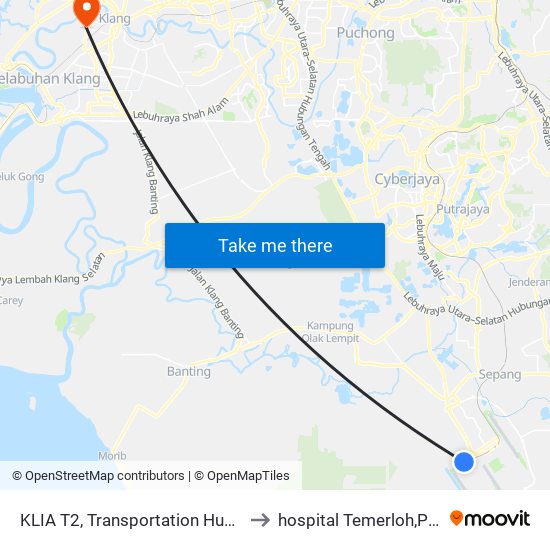 KLIA T2, Transportation Hub Level 1 to hospital Temerloh,Pahang. map