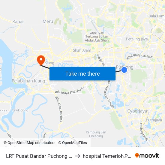 LRT Pusat Bandar Puchong (Sj735) to hospital Temerloh,Pahang. map