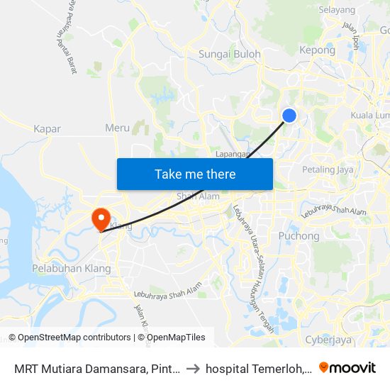 MRT Mutiara Damansara, Pintu C (Pj814) to hospital Temerloh,Pahang. map