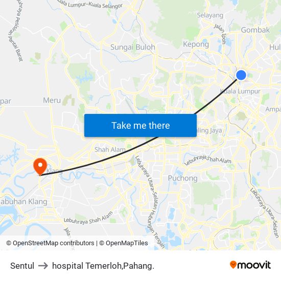 Sentul to hospital Temerloh,Pahang. map