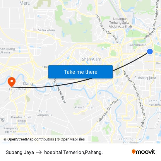 Subang Jaya to hospital Temerloh,Pahang. map