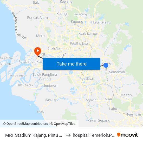 MRT Stadium Kajang, Pintu A (Kj822) to hospital Temerloh,Pahang. map