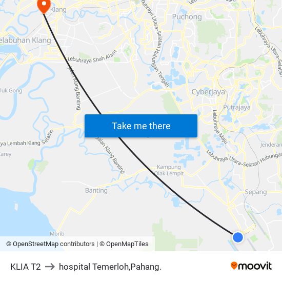 KLIA T2 to hospital Temerloh,Pahang. map
