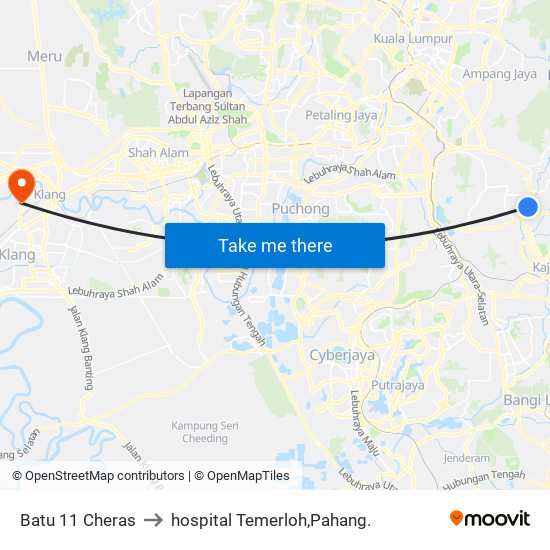 Batu 11 Cheras to hospital Temerloh,Pahang. map