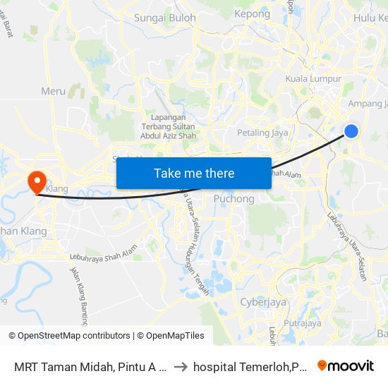 MRT Taman Midah, Pintu A (Kl799) to hospital Temerloh,Pahang. map