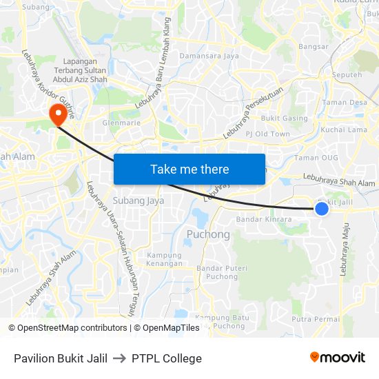 Pavilion Bukit Jalil to PTPL College map