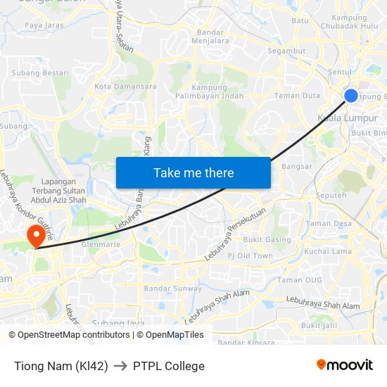 Tiong Nam (Kl42) to PTPL College map