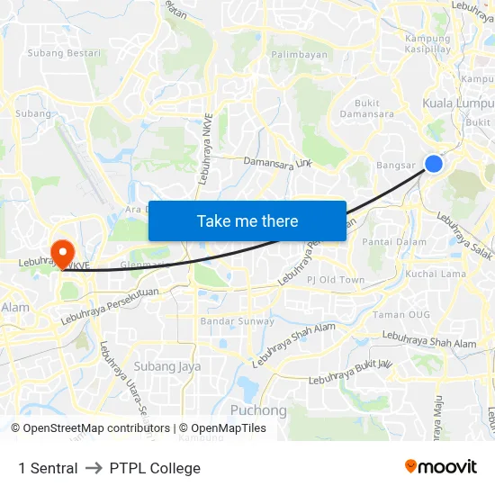1 Sentral to PTPL College map