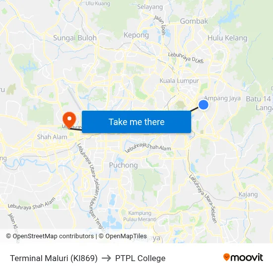 Terminal Maluri (Kl869) to PTPL College map