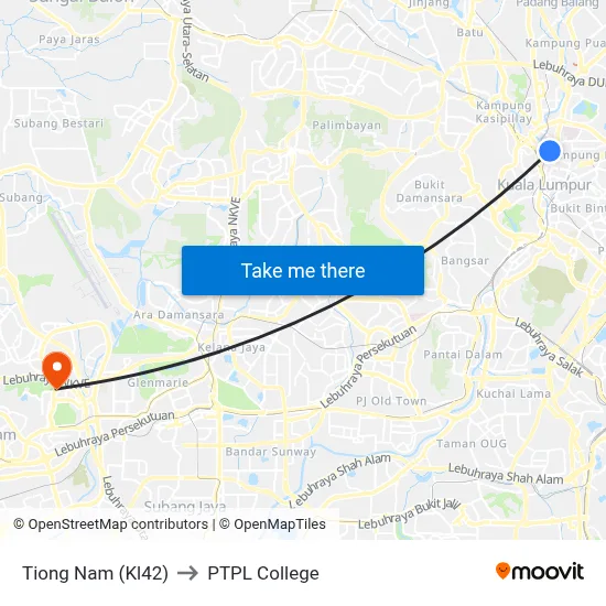 Tiong Nam (Kl42) to PTPL College map