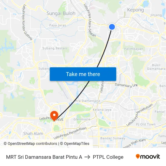 MRT Sri Damansara Barat Pintu A to PTPL College map