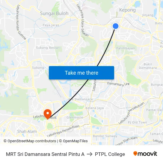 MRT Sri Damansara Sentral Pintu A to PTPL College map