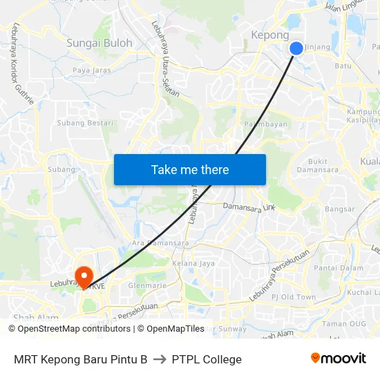 MRT Kepong Baru Pintu B to PTPL College map