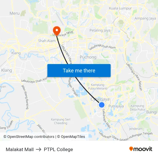 Malakat Mall to PTPL College map