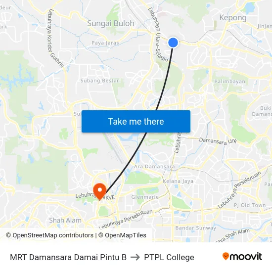MRT Damansara Damai Pintu B to PTPL College map