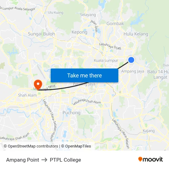 Ampang Point to PTPL College map