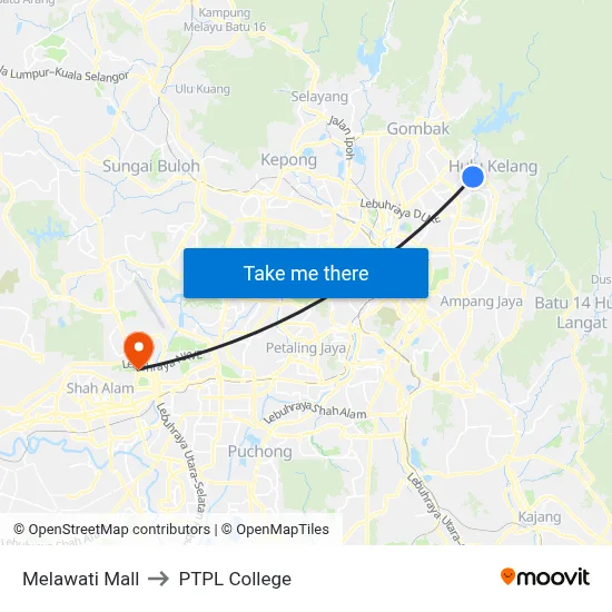 Melawati Mall to PTPL College map