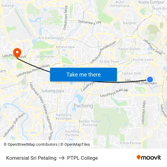 Komersial Sri Petaling to PTPL College map
