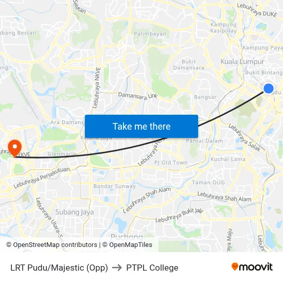 LRT Pudu/Majestic (Opp) to PTPL College map