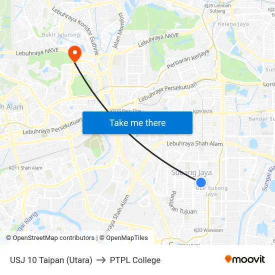 USJ 10 Taipan (Utara) to PTPL College map