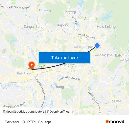 Perkeso to PTPL College map