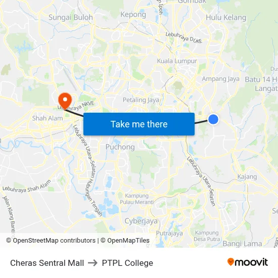 Cheras Sentral Mall to PTPL College map