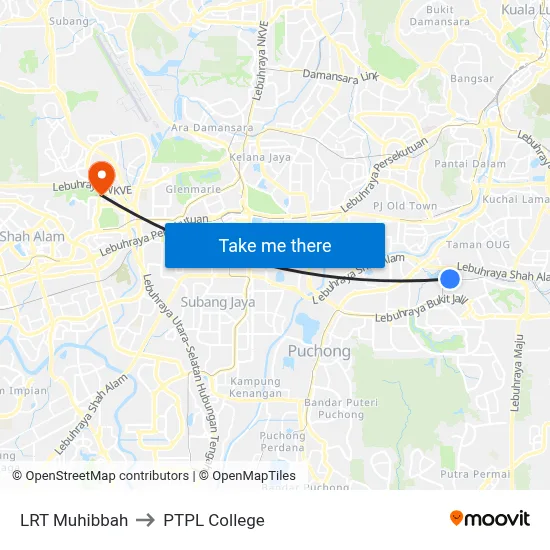 LRT Muhibbah to PTPL College map