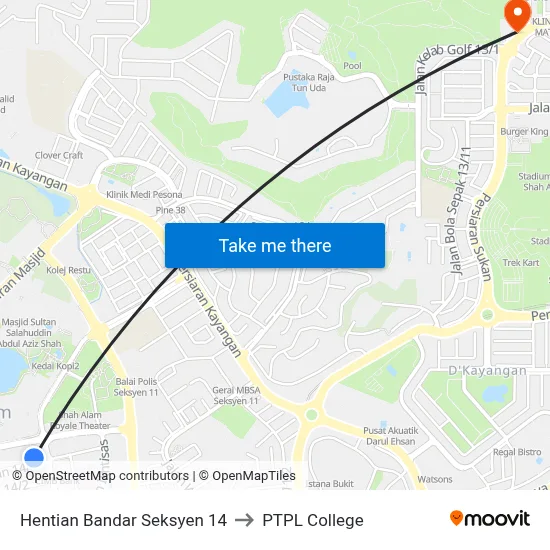 Hentian Bandar Seksyen 14 to PTPL College map