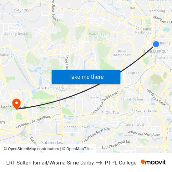 LRT Sultan Ismail/Wisma Sime Darby to PTPL College map