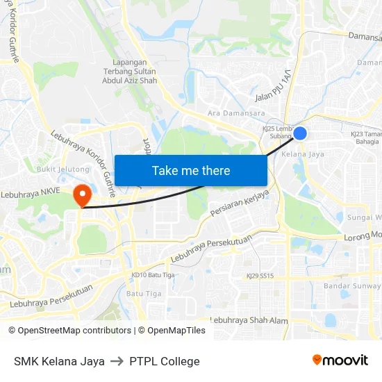 SMK Kelana Jaya to PTPL College map