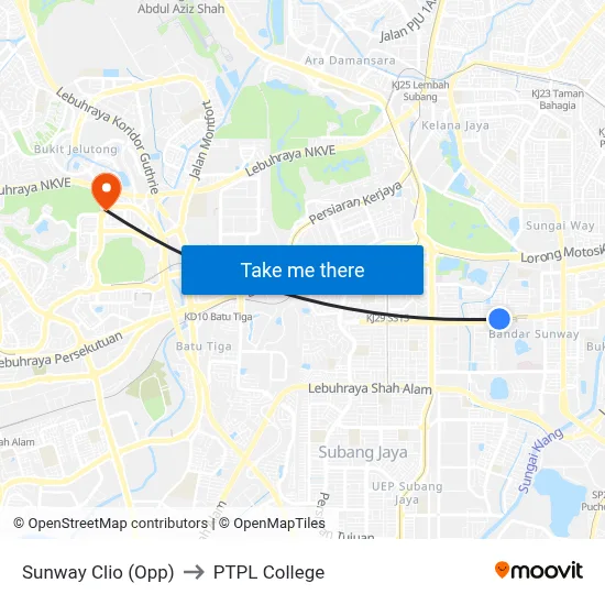 Sunway Clio (Opp) to PTPL College map