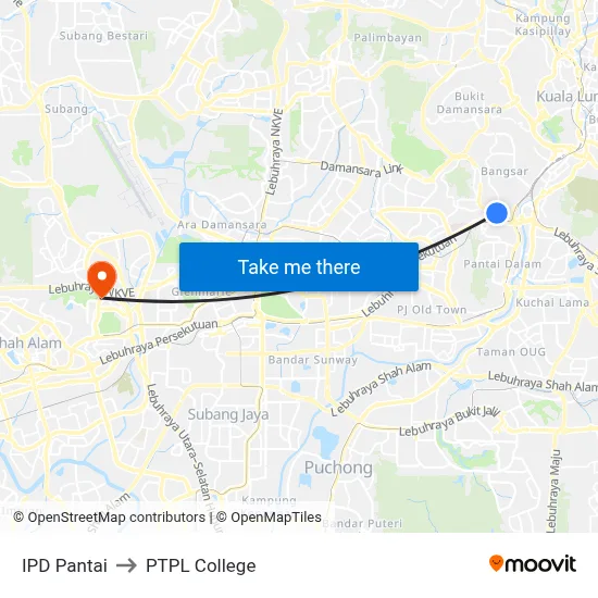IPD Pantai to PTPL College map