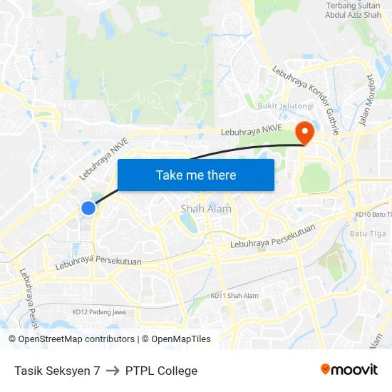 Tasik Seksyen 7 to PTPL College map