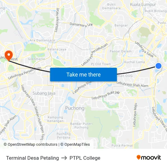 Terminal Desa Petaling to PTPL College map