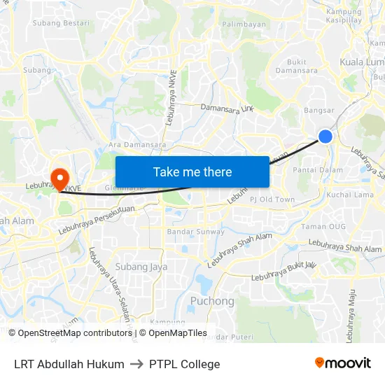 LRT Abdullah Hukum to PTPL College map