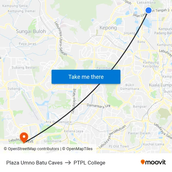 Plaza Umno Batu Caves to PTPL College map