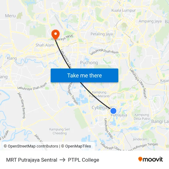 MRT Putrajaya Sentral to PTPL College map
