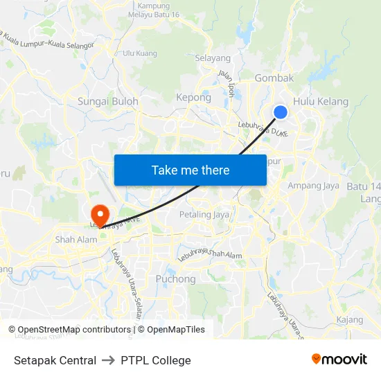 Setapak Central to PTPL College map
